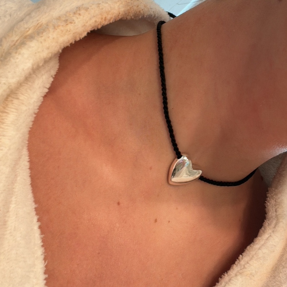 At Present Silver Heart Pendant on Black Cord Necklace